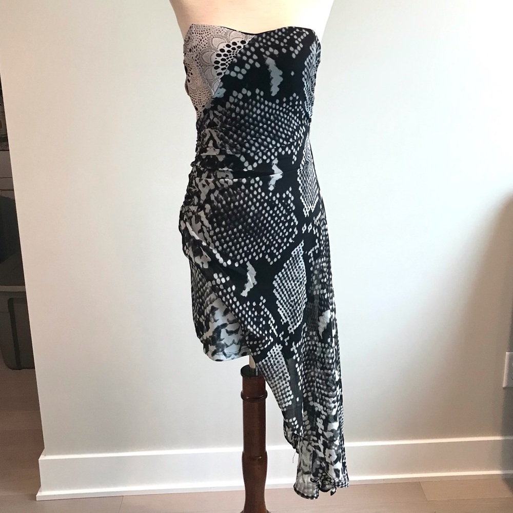 Asymmetrical Strapless Snake Print Bebe Dress